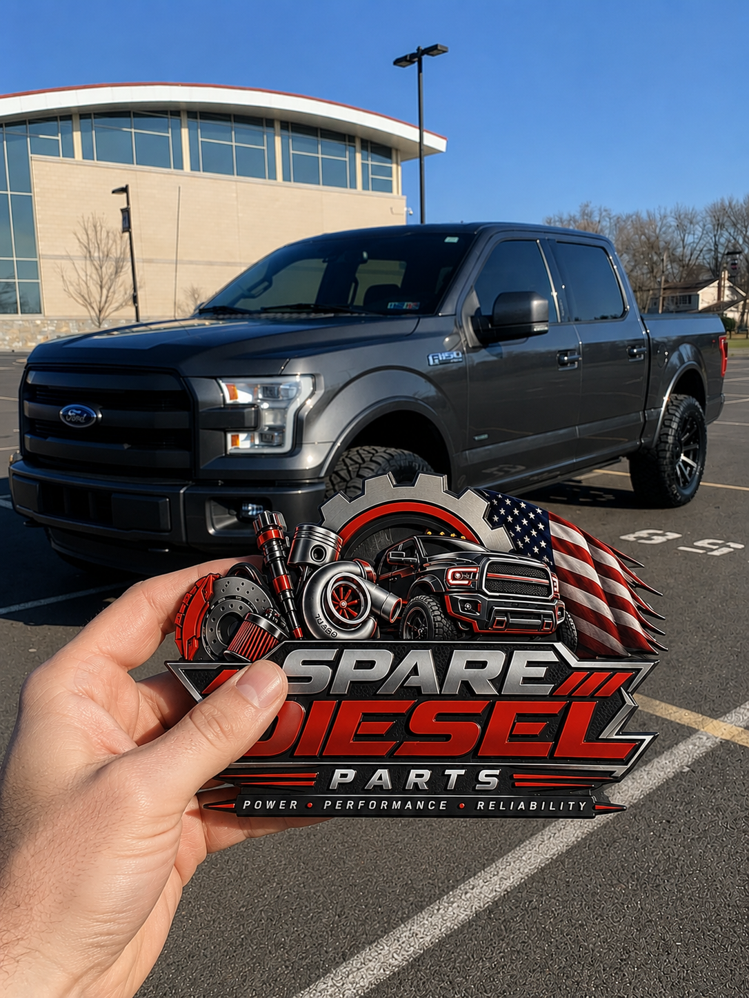 Spare Diesel Parts metal badge held in front of a Ford F-150 pickup truck
